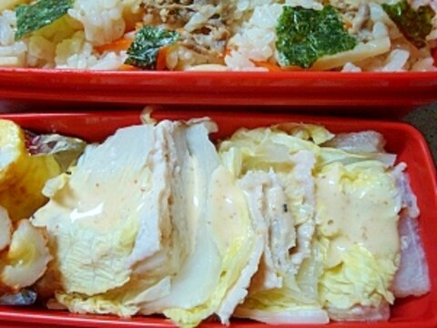 お弁当レシピ　白菜と豚しゃぶのレンジ蒸しゴマだれ